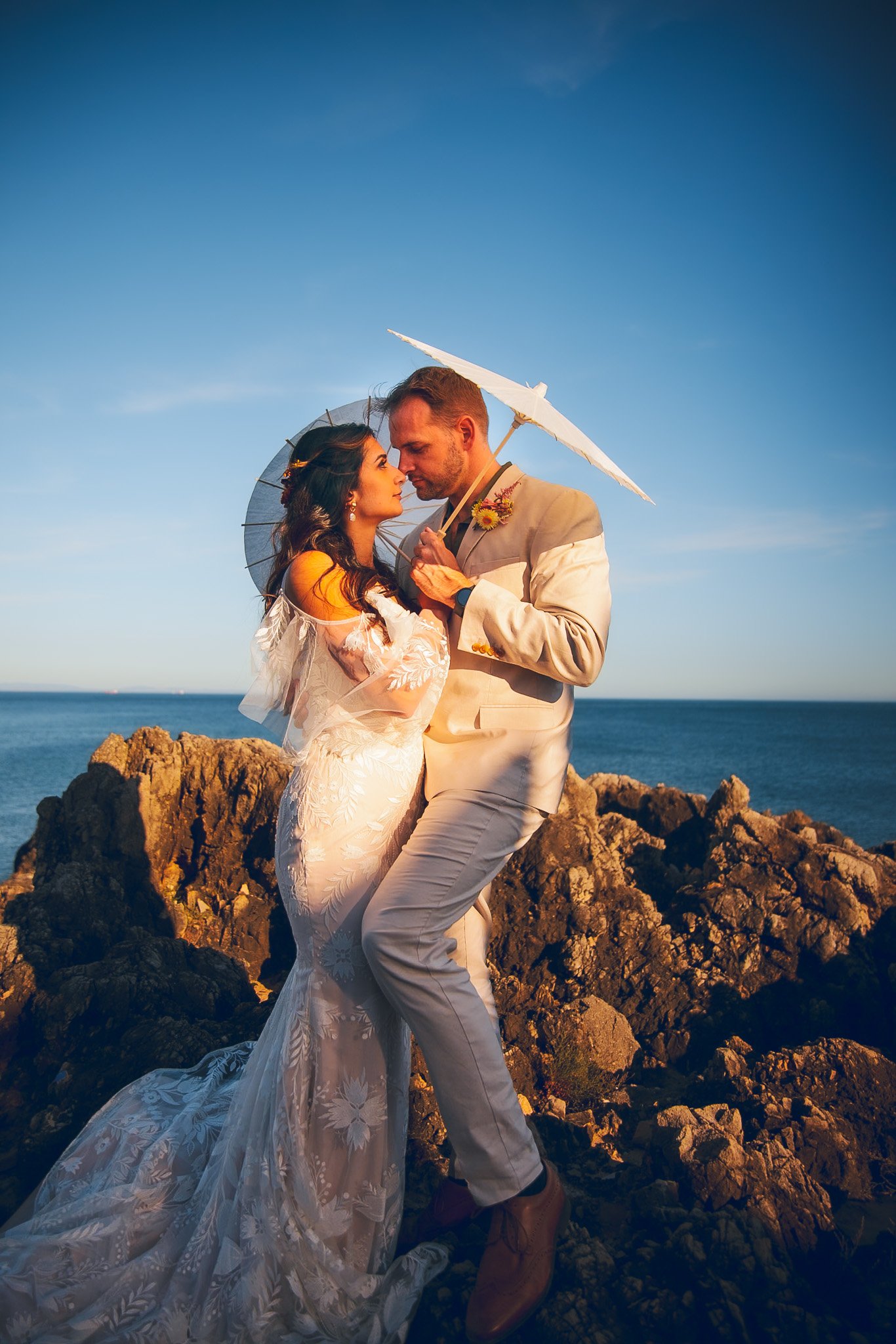 Spontaneous smiles and laughter of the bride and groom